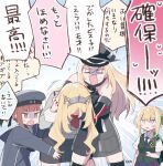  4girls artist_name bismarck_(kantai_collection) black_headwear blonde_hair braid braided_bun clothes_writing eyebrows_visible_through_hair french_braid hair_between_eyes hat headgear kantai_collection long_hair military_hat multiple_girls nelson_(kantai_collection) open_mouth peaked_cap perth_(kantai_collection) redhead sailor_hat short_hair signature speech_bubble totto_(naka) translation_request violet_eyes z3_max_schultz_(kantai_collection) 