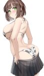  1girl animal_print ass bangs bikini blush breasts brown_hair commentary_request cow_print eyebrows green_eyes highres kibihimi large_breasts looking_at_viewer nose_blush original short_hair sideboob simple_background skindentation skirt skirt_pull solo swimsuit twisted_torso undressing white_background 