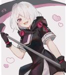  1girl azuki_3693 bad_id bad_twitter_id bangs black_gloves breasts covered_eye gloves holding honkai_(series) honkai_impact_3rd looking_at_viewer short_hair simple_background smile solo weapon white_background white_hair zombie_(honkai_impact_3) 