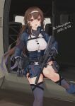  1girl absurdres asymmetrical_legwear bangs black_legwear blue_jacket breasts brown_hair dated girls_frontline gun hairband highres holding holding_gun holding_weapon jacket js_9_(girls_frontline) js_9_mm kneehighs lithographica long_hair open_mouth ponytail prosthesis prosthetic_arm red_eyes sidelocks single_kneehigh single_thighhigh skirt solo thigh-highs twitter_username weapon white_hairband 