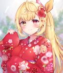  1girl :3 absurdres ahoge bangs blonde_hair blunt_bangs blurry blurry_background blush breasts closed_mouth eyebrows_visible_through_hair flower hair_flower hair_ornament hair_ribbon hands_up heterochromia highres hololive hoshikawa_sara japanese_clothes kimono large_breasts long_hair long_sleeves looking_at_viewer nijisanji red_eyes red_flower ribbon side_ponytail smile solo virtual_youtuber wide_sleeves x_hair_ornament yellow_eyes zky_(oekaky) 