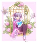  1girl birdcage black_legwear blue_eyes blue_heart border cage cape dress enni flower frown full_body gloves head_wings heart high_heels highres layered_gloves melia_antiqua no_hat no_headwear pink_flower short_dress silver_hair sitting solo staff tears thigh-highs white_border white_footwear white_gloves xenoblade_chronicles xenoblade_chronicles_(series) 