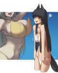  2girls animal_ears bangs bikini black_eyes black_hair blush breast_envy breasts green_eyes highres hunched_over large_breasts long_hair multiple_girls navel original small_breasts solo_focus sweatdrop swimsuit swimwear tail tongue tongue_out very_long_hair wolf_ears wolf_girl wolf_tail xyv_1 yellow_bikini 