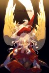  1girl bangs beret black_legwear breasts brooch caren_hortensia character_name cis05 dress fate/grand_order fate_(series) hat jewelry long_hair long_sleeves looking_at_viewer pantyhose red_dress red_headwear ribbon shawl thighs wavy_hair white_hair wings yellow_eyes 