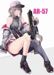  1girl absurdres ar-57 ar-57_(girls_frontline) asymmetrical_legwear bangs baseball_cap black_footwear black_gloves black_legwear breasts character_name fingerless_gloves girls_frontline gloves grey_hair gun hat highres holding holding_gun holding_weapon jacket lithographica midriff off_shoulder pink_shorts ponytail shoes shorts sidelocks single_leg_pantyhose single_sock sitting sneakers socks solo weapon white_jacket 