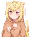  1girl absurdres ahoge animal_ear_fluff animal_ears black_choker blonde_hair blush breasts choker crying eyebrows_visible_through_hair hair_ornament hands_up heterochromia highres hoshikawa_sara large_breasts long_hair looking_at_viewer nijisanji red_eyes shirt simple_background solo tail tears translation_request virtual_youtuber white_background x_hair_ornament yellow_eyes yellow_tail zky_(oekaky) 