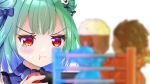  1girl :t absurdres bangs blue_shirt blurry_foreground blush boxing boxing_ring commentary_request controller detached_sleeves double_bun furrowed_eyebrows game_controller green_hair hair_ornament hair_ribbon high_collar highres holding holding_controller holding_game_controller hololive kyouwashi nintendo_switch pout red_eyes ribbon shirt short_hair simple_background skull_hair_ornament solo tearing_up toy upper_body uruha_rushia virtual_youtuber white_background 