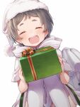  1girl ^_^ ^o^ black_hair blush box closed_eyes gift gift_box hat holding holding_gift kantai_collection maru-yu_(kantai_collection) open_mouth sack santa_costume santa_hat short_hair smile solo totto_(naka) upper_teeth white_santa_costume 