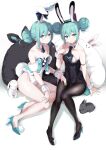  2girls animal_ears aqua_eyes aqua_hair asahi_kuroi bicute_bunnies_miku black_legwear bunny_tail clone double_bun eyebrows_visible_through_hair fake_animal_ears fishnet_legwear fishnets full_body hair_between_eyes hatsune_miku high_heels highres leotard looking_at_viewer mini_necktie multiple_girls nail_polish pantyhose rabbit rabbit_ears sidelocks sitting tail vocaloid white_background wrist_cuffs 