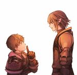  2boys armor brown_hair chainmail final_fantasy final_fantasy_xiv gauntlets highres hua_yao index_finger_raised male_focus multiple_boys pointy_ears profile short_hair simple_background standing 