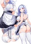  1girl apron ass azur_lane back bangs bare_shoulders black_hairband black_panties black_skirt blunt_bangs blush breasts center_frills clothing_cutout dido_(azur_lane) frills hairband highres large_breasts long_hair looking_at_viewer looking_back maid multiple_views open_mouth panties silver_hair simple_background skirt thigh-highs thighs under_boob underboob_cutout underwear violet_eyes waist_apron white_legwear yayako_(804907150) 