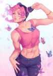  1girl abs black_hair braid bug butterfly collarbone cowboy_shot denim double_bun highres insect jeans jojo_no_kimyou_na_bouken kujo_jolyne lips midriff multicolored_hair navel pants pink_eyes pink_hair pink_lips pink_nails pink_tank_top solo stone_ocean tank_top toned two-tone_hair 