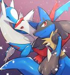  claws closed_eyes commentary_request from_below gen_3_pokemon gen_4_pokemon highres latias latios legendary_pokemon lucario nullma open_mouth pokemon pokemon_(creature) smile spikes tongue yellow_fur |d 