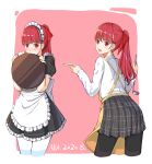  2girls :d alternate_costume apron aya-zard bangs black_legwear black_shirt black_skirt blush border bow embarrassed enmaided eyebrows_visible_through_hair frilled_apron frills grey_skirt hair_between_eyes hair_bow highres holding holding_plate long_hair looking_at_viewer looking_back maid miniskirt multiple_girls open_mouth pantyhose persona persona_5 persona_5_the_royal pink_background plaid plaid_skirt plate pleated_skirt ponytail red_bow red_eyes redhead school_uniform shiny shiny_hair shirt short_sleeves skirt smile standing white_apron white_border white_legwear white_shirt yoshizawa_kasumi 