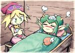  2girls amitie bag bed blanket blonde_hair blush blush_stickers closed_eyes closed_mouth commission fever green_eyes green_hair hat horns ice_bag lying pillow pointy_ears puyopuyo red_hat rider_(puyopuyo) setz sick sitting sleeveless sleeveless_shirt wooden_floor wooden_wall 