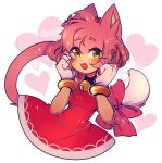  1girl :3 :d alternate_species amy_rose animal_ears artist_name blush bow breasts cat cat_ears cat_girl cat_tail dress english_commentary eyebrows_visible_through_hair furry gloves hairband heart highres medium_breasts mekaiime open_mouth pink_bow pink_hair red_dress red_hairband simple_background smile solo sonic_the_hedgehog tail upper_body whiskers white_background white_gloves yellow_eyes 