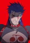  1boy angry blue_hair bodypaint closed_mouth collar cu_chulainn_(fate)_(all) cu_chulainn_alter_(fate/grand_order) dark_blue_hair dark_persona earrings eilinna facepaint fang fate/grand_order fate_(series) hair_down highres jewelry long_hair male_focus pectorals red_background red_eyes simple_background slit_pupils solo spiky_hair 