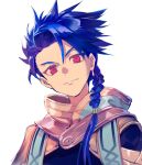  0mg_shigure 1boy asymmetrical_bangs bangs blue_hair braid braided_ponytail close-up closed_mouth cu_chulainn_(fate)_(all) fate/grand_order fate/grand_order_arcade fate_(series) jewelry long_hair looking_at_viewer male_focus ponytail red_eyes setanta_(fate) simple_background single_earring smile solo spiky_hair white_background 