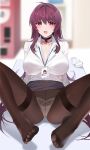  :d bangs breasts choker collared_shirt damda fate/grand_order fate_(series) hair_intakes id_card lanyard large_breasts long_hair long_sleeves office office_lady open_mouth panties pantyhose pantyshot pencil_skirt purple_hair red_eyes scathach_(fate) scathach_(fate)_(all) shirt shirt_tucked_in sitting skirt smile spread_legs underwear 