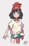  1girl beanie black_hair blush eyebrows_visible_through_hair grey_eyes hat hiisu_(s-1104-d) looking_at_viewer pokemon red_headwear selene_(pokemon) shirt short_shorts short_sleeves shorts solo 