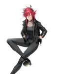  1girl horns jacket long_hair original redhead shiohara_shinogi sitting skin_tight 