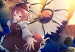  1girl absurdres animal_ears bird_ears bird_wings blush brown_dress brown_headwear commentary_request dress from_above hat highres huge_filesize long_sleeves looking_at_viewer mamemochi mystia_lorelei open_mouth red_eyes redhead short_hair solo touhou water wings 