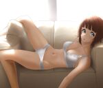  1girl amami_haruka aqua_eyes bangs bare_arms bare_shoulders blunt_bangs blush bra breasts brown_hair commentary_request couch highres idolmaster indoors lace lace-trimmed_bra lace-trimmed_panties lace_trim looking_at_viewer lying medium_breasts navel on_back panties short_hair solo tama_(seiga46239239) underwear underwear_only white_bra white_panties 