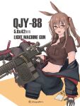  1girl absurdres animal_ears bangs black_gloves black_jacket breast_pocket breasts brown_shirt character_name extra_ears girls_frontline glasses gloves gun highres holding holding_gun holding_weapon jacket lithographica long_hair long_sleeves off_shoulder one_side_up pocket red-framed_eyewear shirt simple_background single_glove sitting solo tied_shirt twitter_username two-tone_background type_88_(girls_frontline) type_88_lmg weapon 