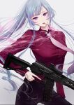  1girl ak-12 ak-12_(girls_frontline) alternate_costume assault_rifle breasts filha girls_frontline grey_hair gun highres holding holding_gun holding_weapon long_hair long_sleeves looking_at_viewer medium_breasts mouth_hold pink_neckwear ponytail rifle solo violet_eyes weapon 