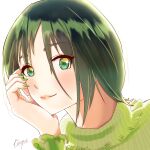  1girl artist_name green_eyes green_hair green_nails green_shirt hand_up highres kinopiillust looking_at_viewer original portrait shirt short_hair simple_background 