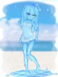  1girl absurdres barefoot blue_hair blue_sclera blue_skin blurry blurry_background blush bow breasts closed_mouth colored_sclera colored_skin contrapposto curss depth_of_field dot_mouth dot_nose frilled_swimsuit frills full_body green_eyes hair_bow head_tilt heterochromia highres long_hair monster_girl navel one-piece_swimsuit original slime_girl small_breasts solo standing swimsuit thigh_gap violet_eyes white_bow white_swimsuit wrist_bow 