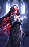  1girl absurdres been black_dress black_headwear blurry blurry_background church closed_eyes closed_mouth dress elesis_(elsword) elsword eyebrows_visible_through_hair floating_hair hands_clasped highres indoors long_hair long_sleeves nun own_hands_together redhead see-through_silhouette shiny shiny_hair solo standing veil very_long_hair 