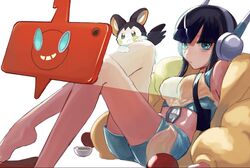  1girl bangs black_hair blunt_bangs closed_mouth commentary_request elesa_(pokemon) emolga expressionless eyelashes flats fur_jacket gen_4_pokemon gen_5_pokemon green_eyes gym_leader headphones highres jacket kikui_102 long_sleeves poke_ball poke_ball_(basic) pokemon pokemon_(creature) pokemon_(game) pokemon_bw2 pokemon_on_leg red_footwear rotom rotom_phone shiny shiny_skin short_hair_with_long_locks sidelocks white_background yellow_jacket 