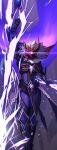  1boy absurdres afternoon_pm armor aura full_armor full_body fur_trim genshin_impact highres light_particles light_rays looking_at_viewer power_armor purple_background solo tartaglia_(genshin_impact) vision_(genshin_impact) 