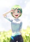  1girl ;d absurdres blue_eyes blurry blurry_background denim green_hair hand_up highres jeans one_eye_closed open_mouth original outdoors pants shirt short_hair sinohira_rin smile solo thick_eyebrows v white_shirt 
