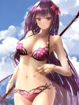  1girl belly_poke bikini bracelet breasts clouds cloudy_sky egami fate/grand_order fate_(series) flower gae_bolg_(fate) hair_flower hair_intakes hair_ornament highres jewelry large_breasts light_blush navel outdoors pink_bikini purple_bikini purple_hair red_eyes scathach_(fate) scathach_(fate)_(all) scathach_(swimsuit_assassin)_(fate) sky swimsuit 