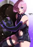 1girl armor armored_leotard artist_name bangs bare_shoulders black_armor black_gloves black_legwear breasts clothing_cutout commentary cowboy_shot elbow_gloves eyebrows_behind_hair fate/grand_order fate_(series) gloves hair_between_eyes hair_over_one_eye highres holding holding_shield kurosawa_rui_(hjkl42332) large_breasts light_particles looking_at_viewer mash_kyrielight navel navel_cutout open_mouth pink_hair purple_background purple_gloves purple_hair shield short_hair sidelocks simple_background skindentation solo standing thigh_strap upper_teeth 