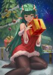 1girl absurdres black_legwear blush christmas christmas_tree gift green_hair hair_ornament highres holding kylin_(leilla8775) legs long_hair looking_at_viewer night night_sky no_shoes open_mouth pantyhose pointy_ears santa_costume sitting sky smile solo thighs 