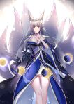  1girl absurdres animal_ear_fluff animal_ears azur_lane blue_kimono breasts cowboy_shot fox_ears fox_girl highres japanese_clothes kimono kitsune kyuubi large_breasts large_tail long_hair looking_at_viewer moon_phases mouma2333 multiple_tails off-shoulder_kimono shinano_(azur_lane) silver_hair solo tail violet_eyes white_tail 