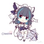  1girl :3 anchor azur_lane bangs black_footwear black_hair blue_dress blue_eyes blue_hair character_name cheshire_(azur_lane) chibi closed_mouth commentary_request detached_sleeves dress eyebrows_visible_through_hair frilled_dress frills garter_straps head_tilt high_heels langbazi multicolored_hair puffy_short_sleeves puffy_sleeves shoes short_sleeves signature simple_background solo standing standing_on_one_leg streaked_hair thigh-highs two-tone_hair white_background white_legwear white_sleeves wrist_cuffs 