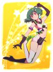  1girl arm_strap black_footwear black_gloves boots breasts chaku_(horhor71) collarbone elbow_gloves gloves green_hair head_tilt jumping macross macross_frontier midriff navel pointing ranka_lee red_eyes shorts single_thigh_boot small_breasts smile solo star_(symbol) two-tone_footwear uta_macross_sumaho_deculture white_footwear 