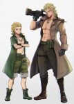  2boys belt black_gloves blonde_hair blue_eyes boots camouflage camouflage_pants child coat dog_tags dual_persona earrings eli_(mgs) film_grain gloves gun highres holding holding_gun holding_weapon jacket jewelry liquid_snake male_focus mayuzumi metal_gear_(series) metal_gear_solid metal_gear_solid_v multiple_boys necklace pants pectorals seashell shell shirtless simple_background smile weapon white_background 