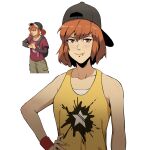  1girl backwards_hat body_freckles breasts collarbone ember_(francisco_mon) francisco_mon freckles hand_on_hip hat highres lip_piercing medium_breasts medium_hair orange_hair original piercing red_eyes smile solo tank_top upper_body wristband yellow_tank_top 
