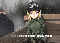  2girls baseball_cap belt blonde_hair blue_eyes camouflage camouflage_jacket escape_from_tarkov forest hat hood hoodie jacket jizi looking_at_viewer meme multiple_girls nature orange_hair pantyhose short_shorts shorts snowing subtitled talking the_elder_scrolls the_elder_scrolls_v:_skyrim zipper 