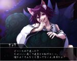  1boy :d alternate_costume animal_ears bangs bare_shoulders building collarbone commentary_request covering_mouth crossed_legs dangan_ronpa_(series) dangan_ronpa_v3:_killing_harmony fox_ears fox_tail hair_between_eyes hand_over_own_mouth index_finger_raised japanese_clothes kimono kitsune kitsunebi_v3kokonn long_sleeves looking_at_viewer open_mouth ouma_kokichi outdoors pale_skin purple_hair short_hair sitting smile solo sweatdrop tail translation_request upper_teeth violet_eyes wide_sleeves 