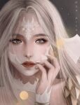 1girl au_ra blonde_hair close-up commission dragon_horns face facing_viewer final_fantasy final_fantasy_xiv grey_eyes hand_on_own_face highres horns kuu_(kuu.arts) lips long_hair looking_to_the_side scales solo 