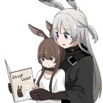 2girls :d :o amiya_(arknights) animal_ears arknights bangs black_gloves blue_eyes blush book breasts brown_hair commentary_request eyebrows_visible_through_hair gloves grey_eyes grey_hair hair_between_eyes holding holding_book infection_monitor_(arknights) kumamoto_aichi long_hair multiple_girls open_mouth rabbit_ears reading savage_(arknights) shirt simple_background smile upper_body white_background white_shirt younger 