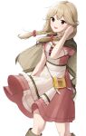  1girl absurdres apron bag blonde_hair braid breasts brown_eyes capelet dada_(dadada_20) eyebrows_visible_through_hair faye_(fire_emblem) fire_emblem fire_emblem_echoes:_shadows_of_valentia flowing_dress hair_flowing_over handbag highres knees looking_at_viewer open_mouth thighs white_background 