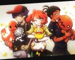  1girl 2boys aqua_eyes bangs baseball_cap black_hair charmander dark_skin dark_skinned_male fire gen_1_pokemon gen_3_pokemon gen_8_pokemon green_eyes hair_ornament hat heart heart_hair_ornament holding kyosyaku leon_(pokemon) multiple_boys open_mouth orange_hair pokemon pokemon_(creature) pokemon_(game) pokemon_swsh purple_hair raihan_(pokemon) smile sonia_(pokemon) tongue trapinch yamper yellow_eyes younger 