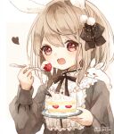  1girl :3 animal animal_ears blonde_hair brown_eyes cake commentary eating food fork fruit gothic_lolita holding lolita_fashion looking_at_viewer medium_hair open_mouth original plate puffy_sleeves rabbit rabbit_ears simple_background strawberry strawberry_shortcake tukimisou0225 upper_body 